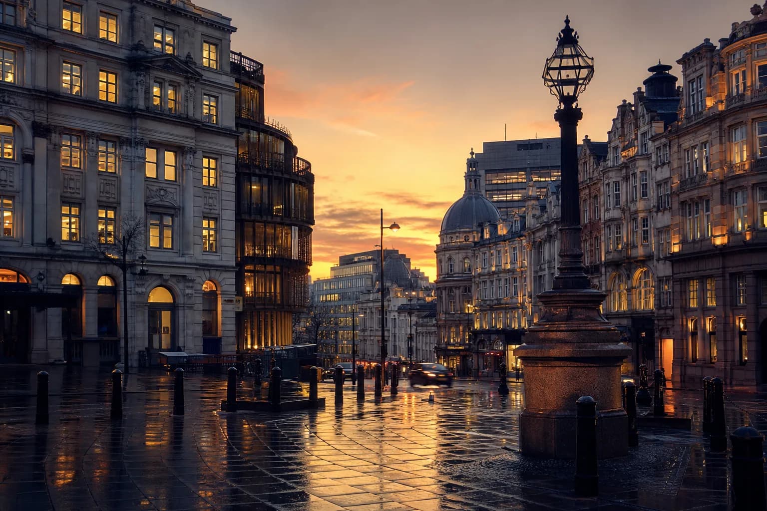 City atmosphere at dusk near the destination
