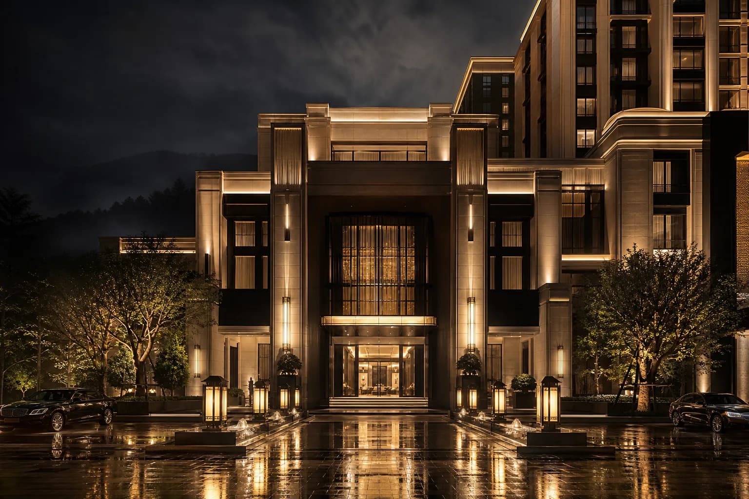 Night exterior of Grand Table House